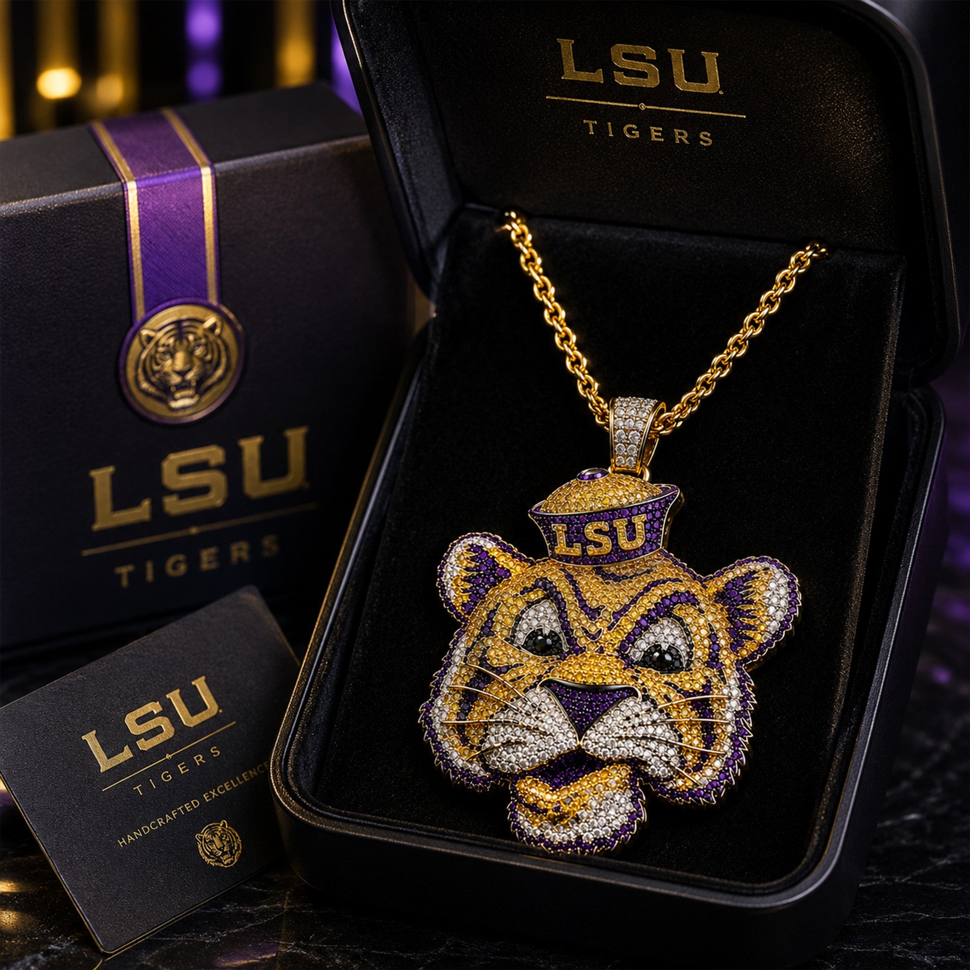 LSU Solid Gold Chain with Diamond Pendant TMH
