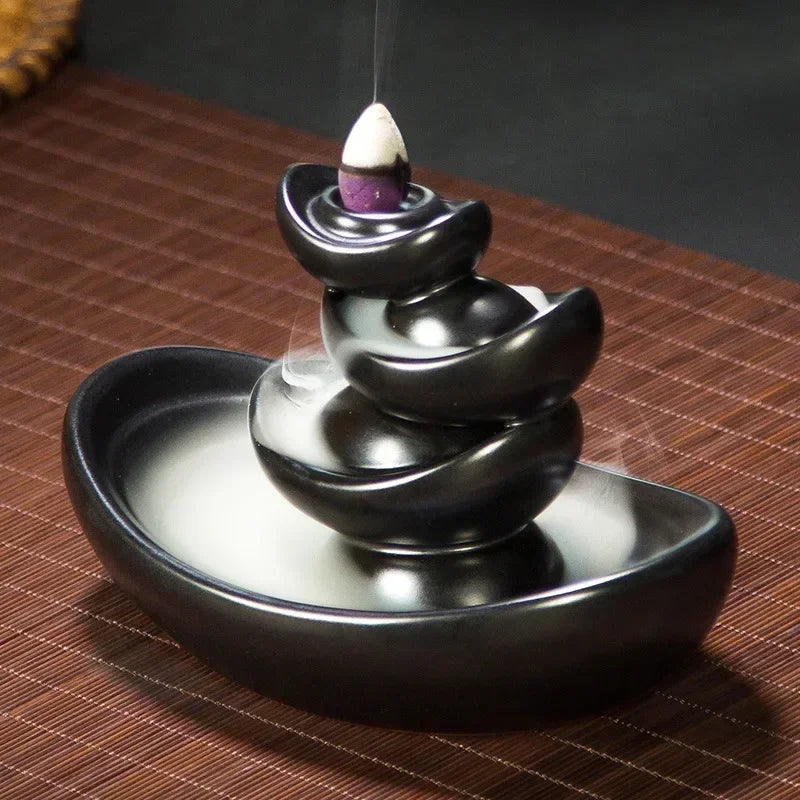 1pc Lucky Fortune Mascot Classic Black Ceramic Backflow Incense Burner Yoga Assuaging and Calming Home Decor Zen Meditation Set